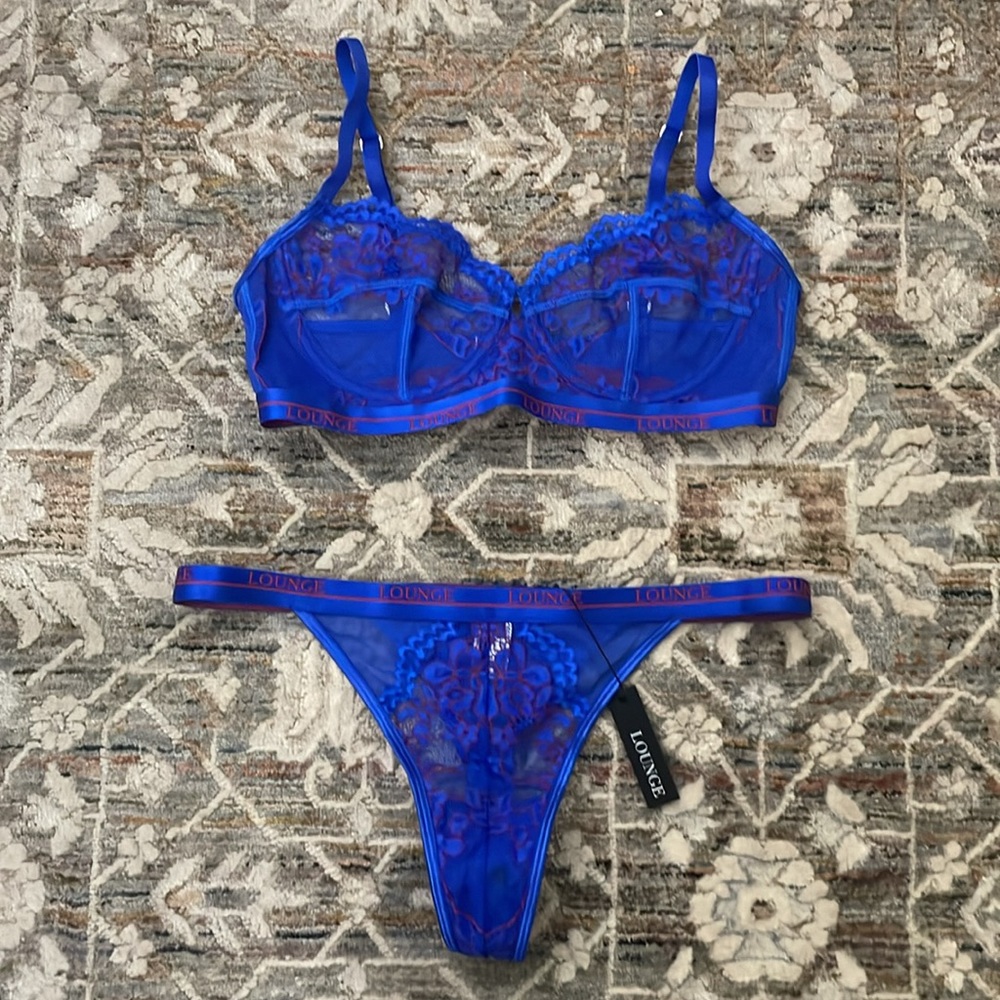 Lounge Two-tone Balcony Bra and Panty Set in Blue